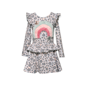 Baby Sara - L/S Ruffle Gray Multi Dress w/ Faux Fur Rainbow Detail