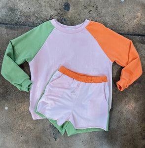 Love Daisy - Raglan Colorblock Pullover & Colorblock Shorts Set Pink/Green Multi